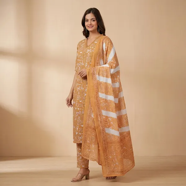 Orange_Casual_Wear_Women_Cotton_Kurta_Pant_Set_With_Dupatta