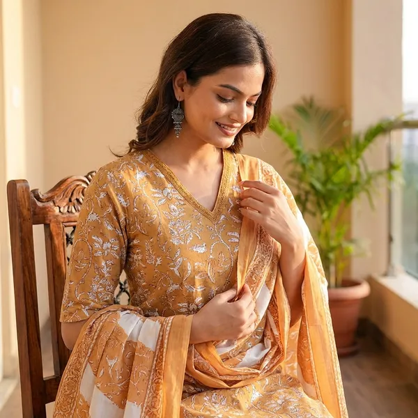 Orange_Casual_Wear_Women_Cotton_Kurta_Pant_Set_With_Dupatta