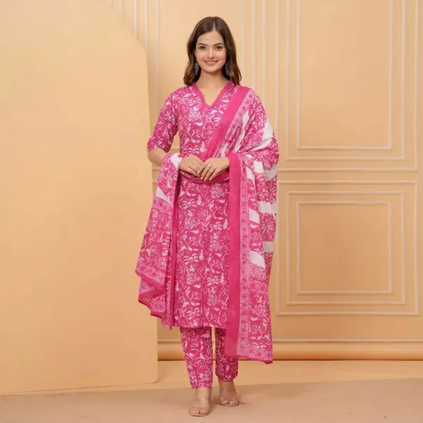 Pink_Casual_Wear_Women_Cotton_Kurta_Pant_Set_With_Dupatta