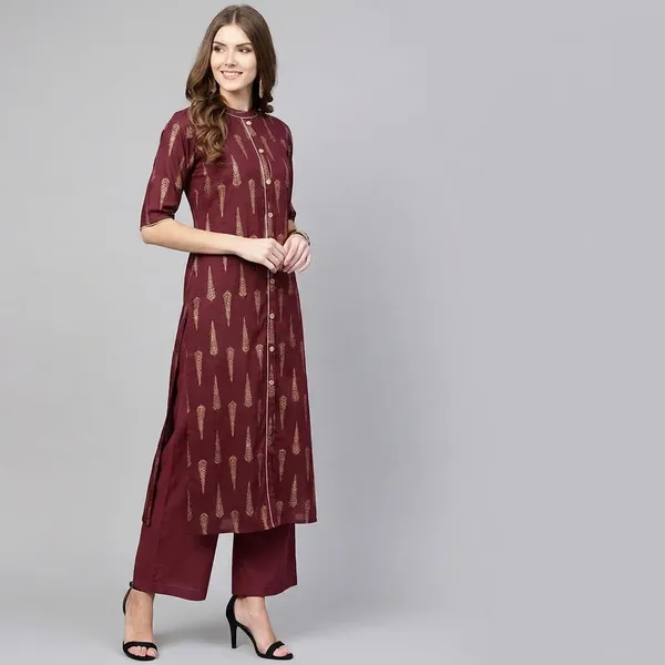 Maroon_Printed_Viscose_Rayon_3/4_Sleeve_Kurti_Plazo_Set_For_Women