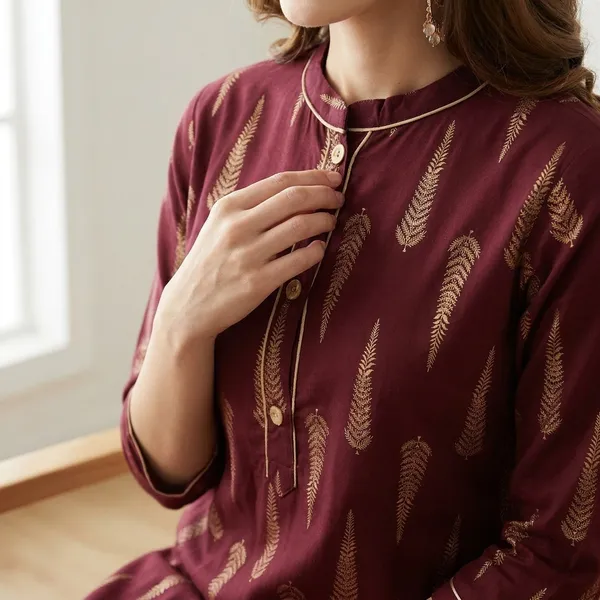 Maroon_Printed_Viscose_Rayon_3/4_Sleeve_Kurti_Plazo_Set_For_Women