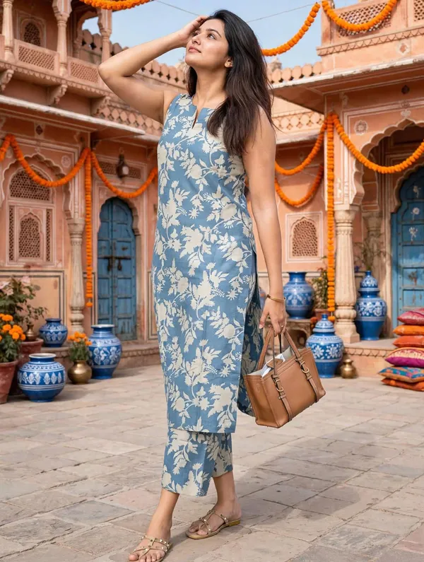 PACK_OF_3_(THREE_KURTA_PANT_SET)_Women_Solid_Straight_Kurta_Trouser_Set_|_Pure_Cotton_Fabric_|_Sleeveless_Round_Neck_|_Elastic_Waist|_Casual_&_Summer_Wear