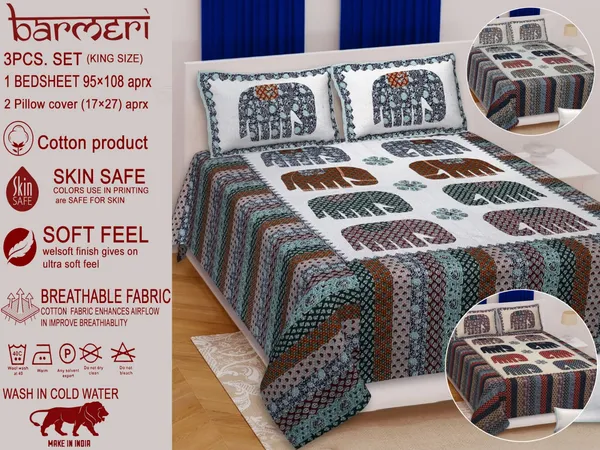 VME_Jaipuri_Cotton_King_Size_Bedsheet_108x108_Super_King,_144_TC_100%_Pure_Cotton_Double_Bed_Sheet_with_2_Pillow_Covers,_Royal_Elephants_Traditional_Print_–_(Royal_Elephants_Green)