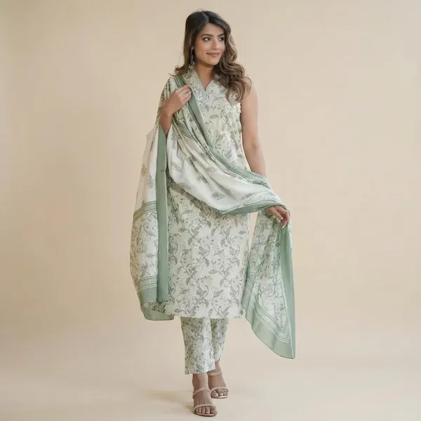 Floral_Print_Kurta_Trouser_And_Dupatta_Set_For_Women