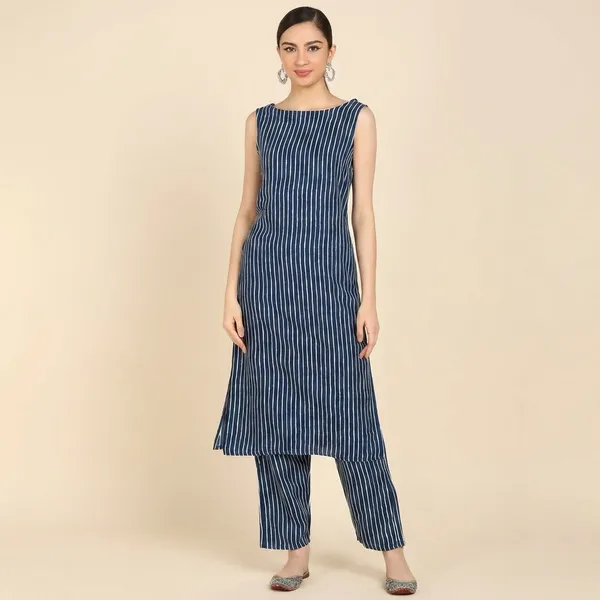 Women_S_Stripe_Print_Sleeveless_Kurta_Pant_Set