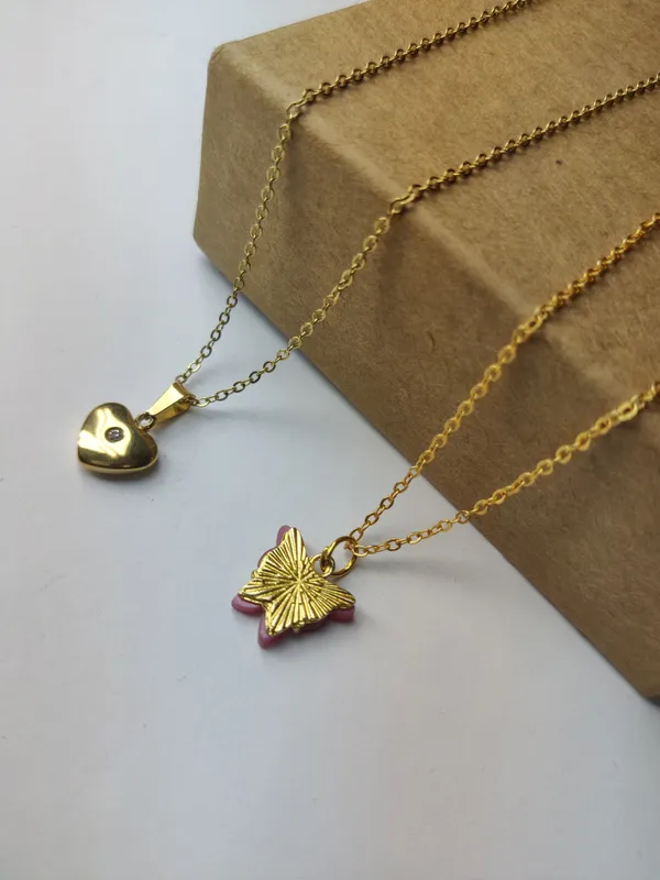 Gold_Brass_Premium_Heart_Centre_Round_&_Acralyc_Butterfly_Pendant_Combo_For_Women_(Pack_Of_2)