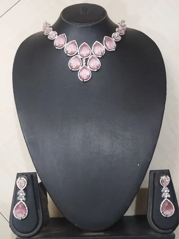 Silver_with_Pink_Stones_&_White_AD_Brass_Necklace_set_For_women