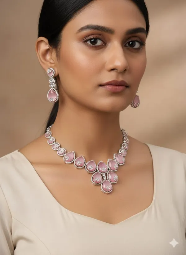 Silver_with_Pink_Stones_&_White_AD_Brass_Necklace_set_For_women