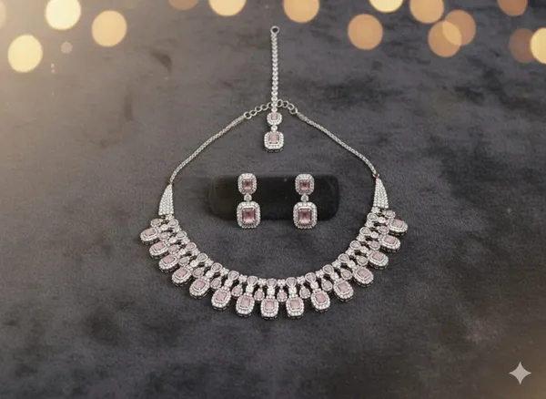 Silver_&_white_with_light_Pink_Stones_Brass_Necklace_set_For_women