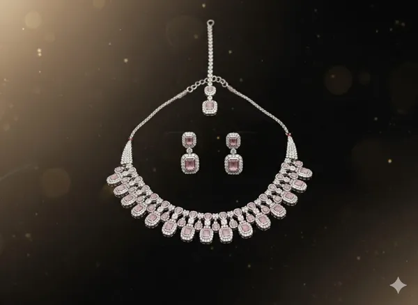 Silver_&_white_with_light_Pink_Stones_Brass_Necklace_set_For_women