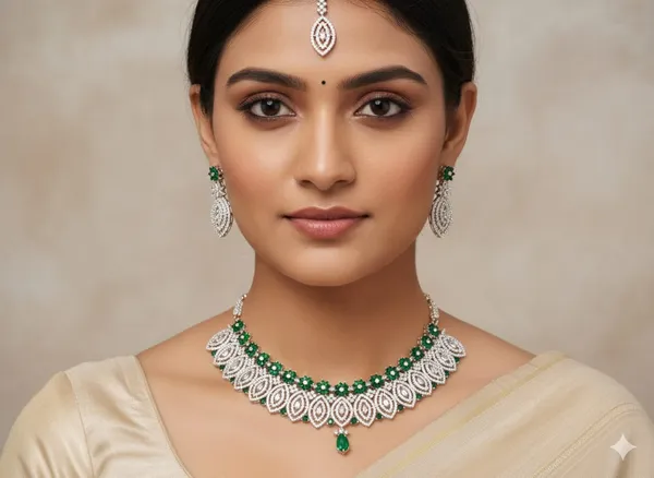 Silver_with_Emerald_Green_Stones_Brass_Choker_set_For_women