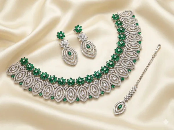 Silver_with_Emerald_Green_Stones_Brass_Choker_set_For_women