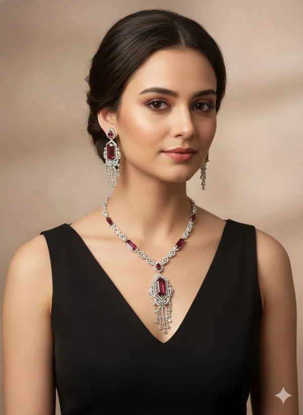Silver_with_Ruby_Red_Stones_&_White_AD_Brass_Necklace_set_For_women