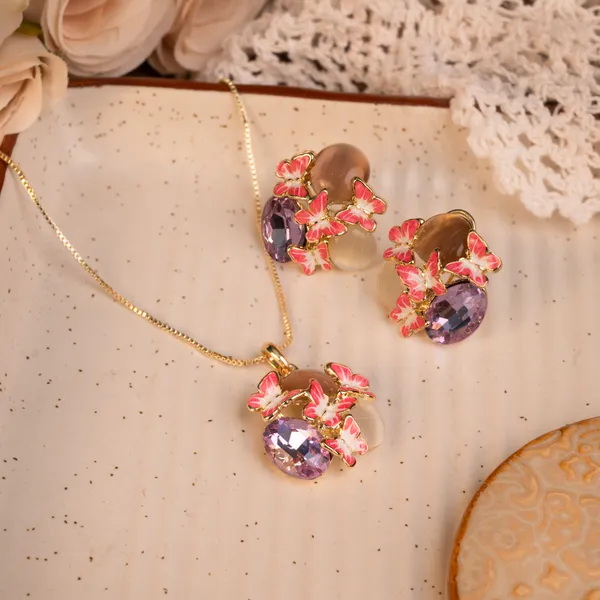 Multi_With_Mauve_Semi-Precious_Stone_And_Butterfly_Necklace_Set