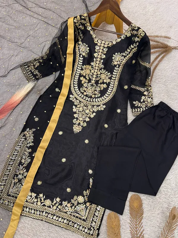 Black_Embroidered_Silk_Kurta_Set_with_Organza_Dupatta