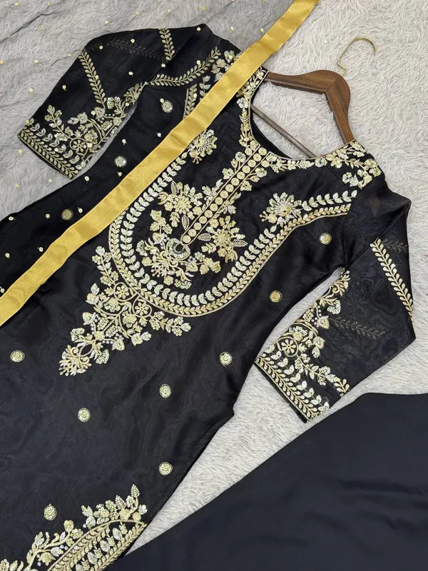 Black_Embroidered_Silk_Kurta_Set_with_Organza_Dupatta