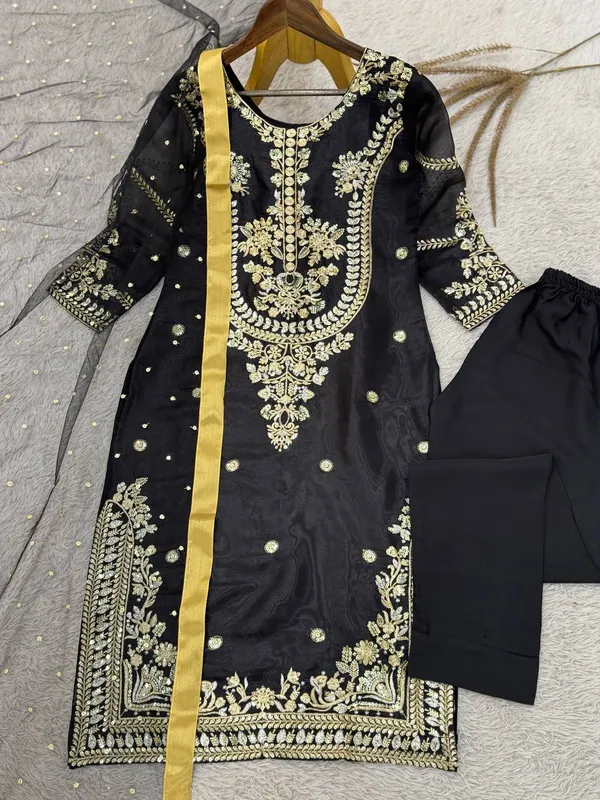 Black_Embroidered_Silk_Kurta_Set_with_Organza_Dupatta