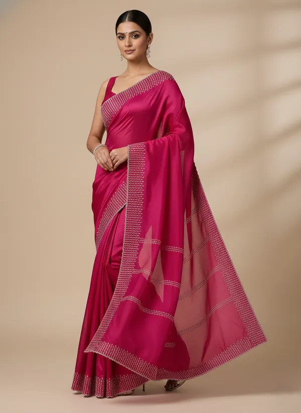 Rani_Pink_Party_Wear_Soft_Silk_Saree_with_White_Thread_Embroidery_Border