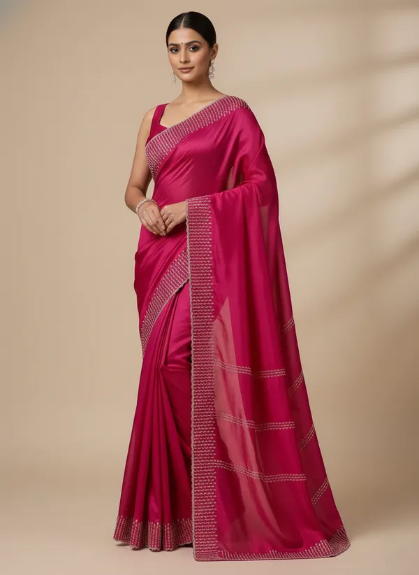 Rani_Pink_Party_Wear_Soft_Silk_Saree_with_White_Thread_Embroidery_Border