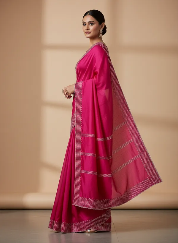 Rani_Pink_Party_Wear_Soft_Silk_Saree_with_White_Thread_Embroidery_Border