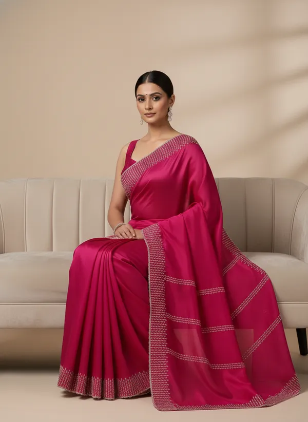 Rani_Pink_Party_Wear_Soft_Silk_Saree_with_White_Thread_Embroidery_Border