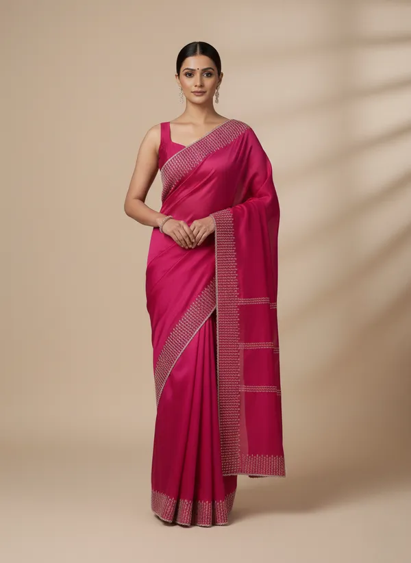 Rani_Pink_Party_Wear_Soft_Silk_Saree_with_White_Thread_Embroidery_Border