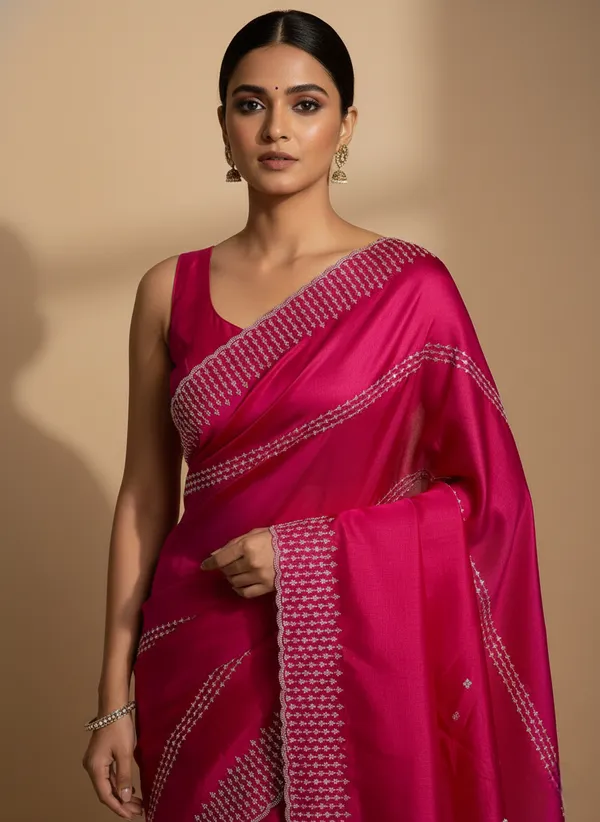 Rani_Pink_Party_Wear_Soft_Silk_Saree_with_White_Thread_Embroidery_Border