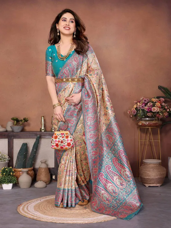 Beige_&_Teal_Blue_Wedding_Wear_Pashmina_Silk_Saree_with_Kashmiri_Thread_Woven_Pallu