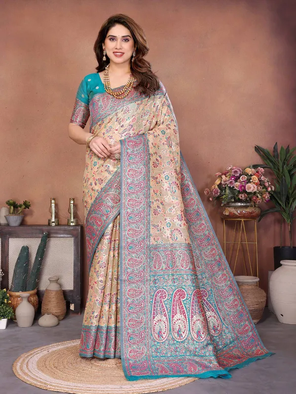 Beige_&_Teal_Blue_Wedding_Wear_Pashmina_Silk_Saree_with_Kashmiri_Thread_Woven_Pallu
