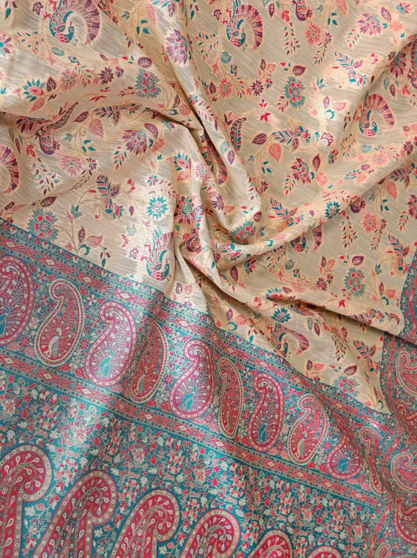 Beige_&_Teal_Blue_Wedding_Wear_Pashmina_Silk_Saree_with_Kashmiri_Thread_Woven_Pallu