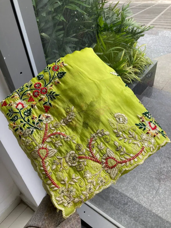 Bijal_Sarees_Fresh_Lime_Green_Party_Wear_Zimmy_Chu_Silk_Saree_with_C-Pallu_Embroidery_&_Cutwork_Border