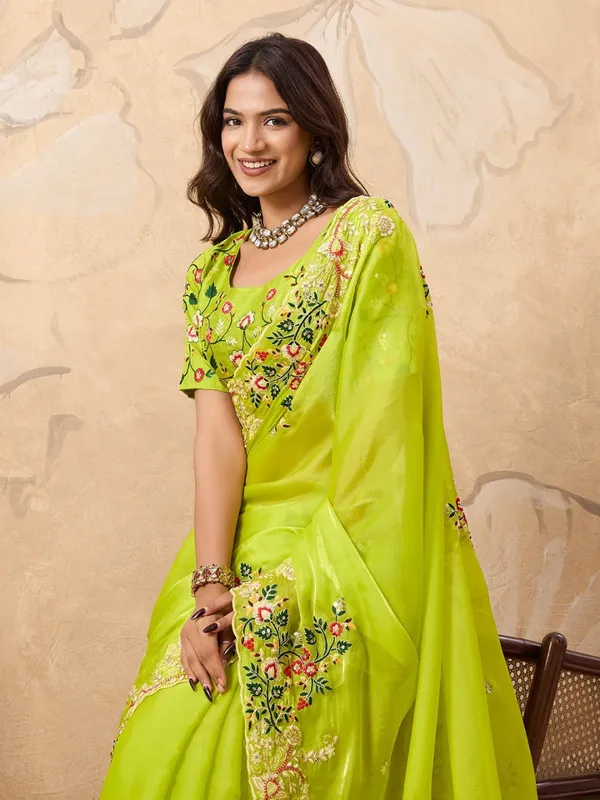 Bijal_Sarees_Fresh_Lime_Green_Party_Wear_Zimmy_Chu_Silk_Saree_with_C-Pallu_Embroidery_&_Cutwork_Border