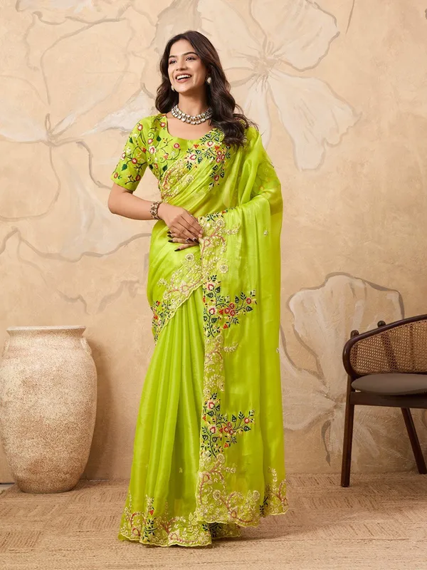 Bijal_Sarees_Fresh_Lime_Green_Party_Wear_Zimmy_Chu_Silk_Saree_with_C-Pallu_Embroidery_&_Cutwork_Border