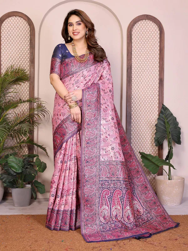 Blush_Pink_&_Navy_Blue_Wedding_Wear_Pashmina_Silk_Saree_with_Kashmiri_Thread_Woven_Pallu