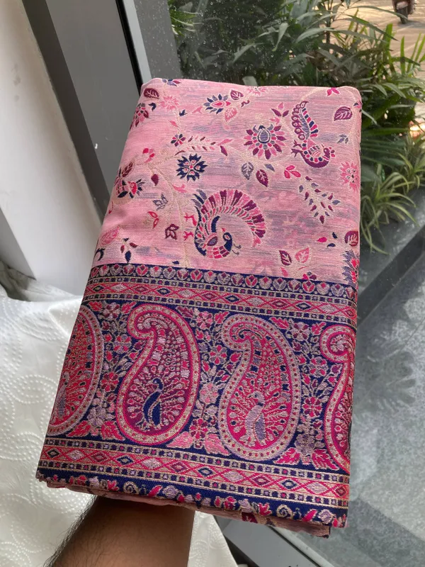 Blush_Pink_&_Navy_Blue_Wedding_Wear_Pashmina_Silk_Saree_with_Kashmiri_Thread_Woven_Pallu