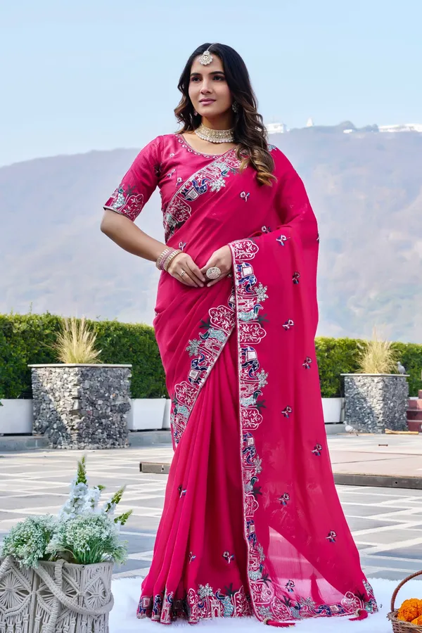 Designer_Rani_Pink_Embroidered_Satin_Chiffon_Saree_–_Wedding_&_Festive_Wear