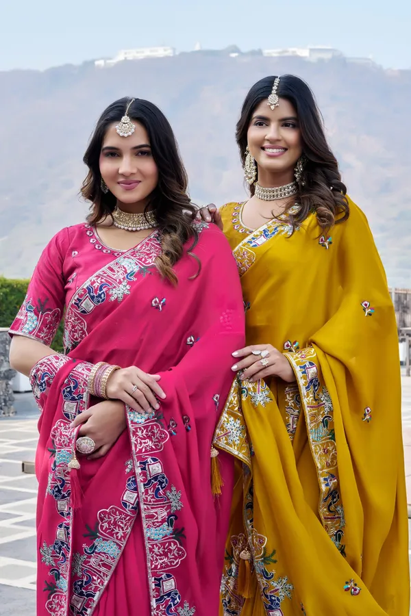 Designer_Rani_Pink_Embroidered_Satin_Chiffon_Saree_–_Wedding_&_Festive_Wear