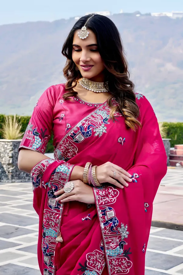 Designer_Rani_Pink_Embroidered_Satin_Chiffon_Saree_–_Wedding_&_Festive_Wear