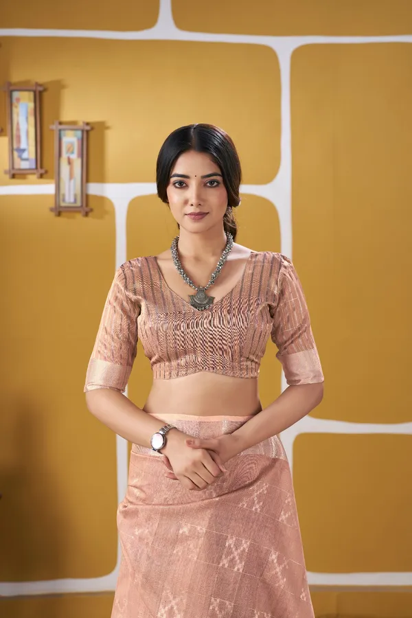 Elegant_Peach_Zari_Weaving_Linen_Cotton_Silk_Saree_–_Premium_Festive_Wear