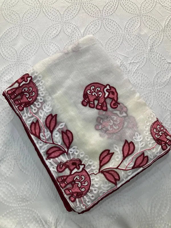 Elegant_Pearl_White_Party_Wear_Fendy_Chiffon_Saree_with_Wine_Embroidery