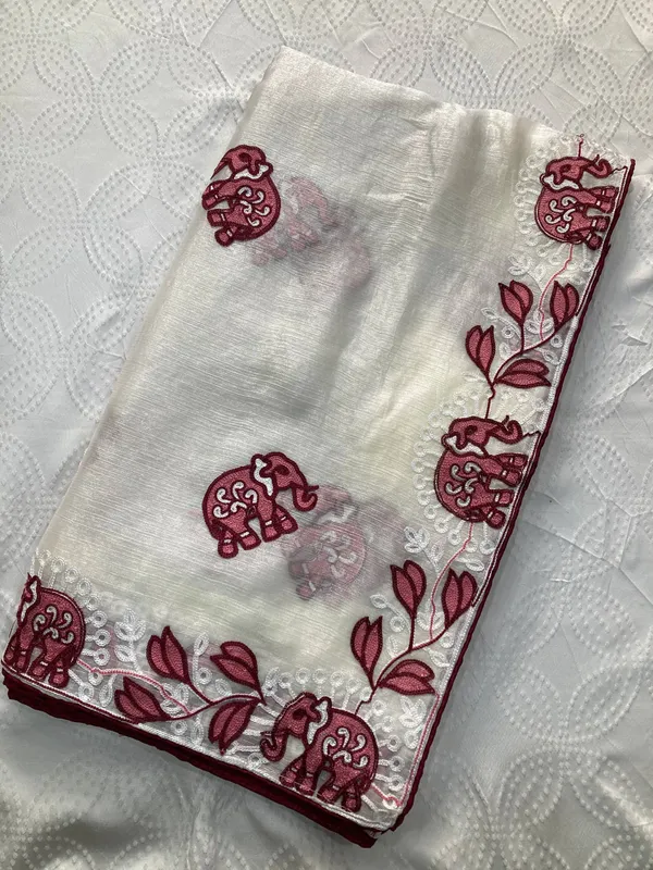 Elegant_Pearl_White_Party_Wear_Fendy_Chiffon_Saree_with_Wine_Embroidery