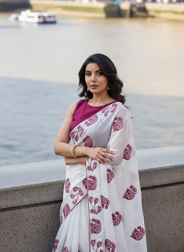 Elegant_Pearl_White_Party_Wear_Fendy_Chiffon_Saree_with_Wine_Embroidery