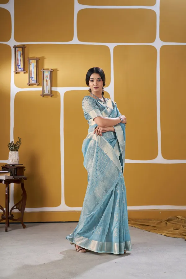 Elegant_Sky_Blue_Zari_Weaving_Linen_Cotton_Silk_Saree_–_Festive_&_Party_Wear