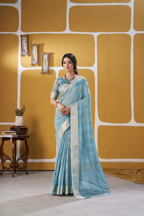 Elegant_Sky_Blue_Zari_Weaving_Linen_Cotton_Silk_Saree_–_Festive_&_Party_Wear