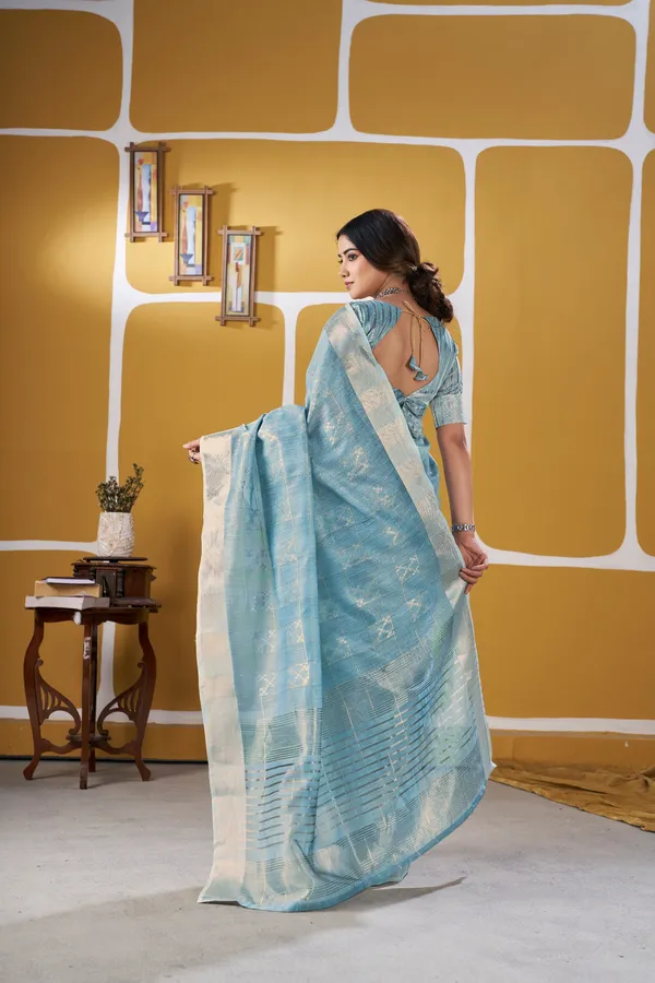 Elegant_Sky_Blue_Zari_Weaving_Linen_Cotton_Silk_Saree_–_Festive_&_Party_Wear