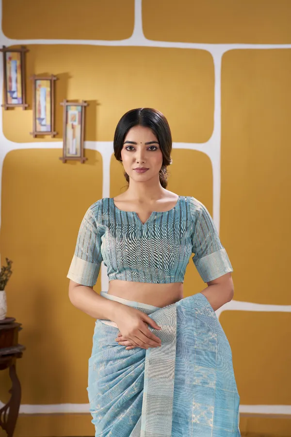 Elegant_Sky_Blue_Zari_Weaving_Linen_Cotton_Silk_Saree_–_Festive_&_Party_Wear