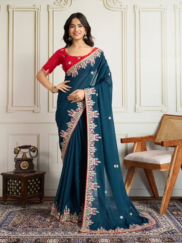 Navy_Blue_Party_Wear_Star_Georgette_Saree_For_Women