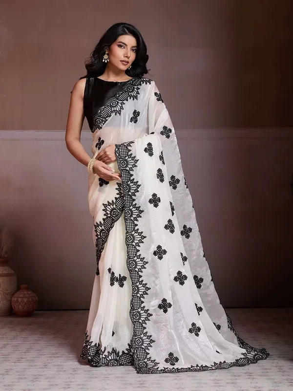 Off-White_And_Black_Wedding_Wear_Fendy_Chiffon_Saree_For_Women