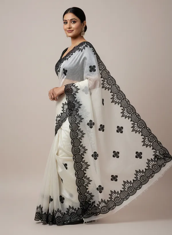 Off-White_And_Black_Wedding_Wear_Fendy_Chiffon_Saree_For_Women
