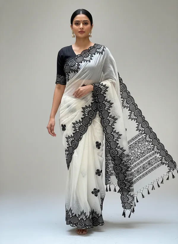 Off-White_And_Black_Wedding_Wear_Fendy_Chiffon_Saree_For_Women